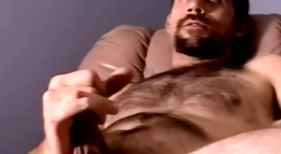 Hairy bearded stud Weasel cums while masturbating solo