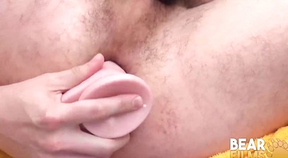 Hairy Owen Powers Anal Plays with Huge Dildo Solo