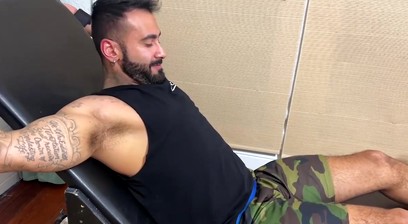 Handsome bearded hunk bound for kinky body and feet tickling
