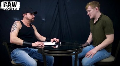 Leather daddy fucks smooth blindfolded guy's face hard