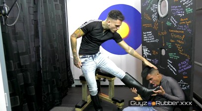 Rubber's in Their Jeans. 2 Hot guys, cocks out in Jeans/riding boots then rubber gear 4 fetish fun