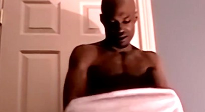 Handsome black jock strips naked and jerks off solo and cums