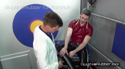 Rubber Fetish Doc wins over his patient. Jerking,fucking,milking,cock massage by rubber covered feet