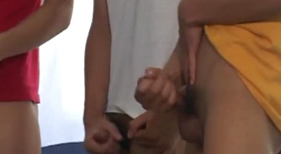 Asia twinks group tugging their unshaven dicks for cumshot
